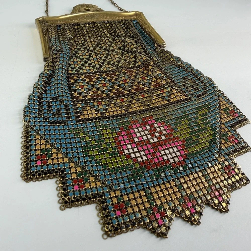 Antique 1920's Whiting & Davis Art Deco Metal Mesh Bag Purse USA Flapper Floral